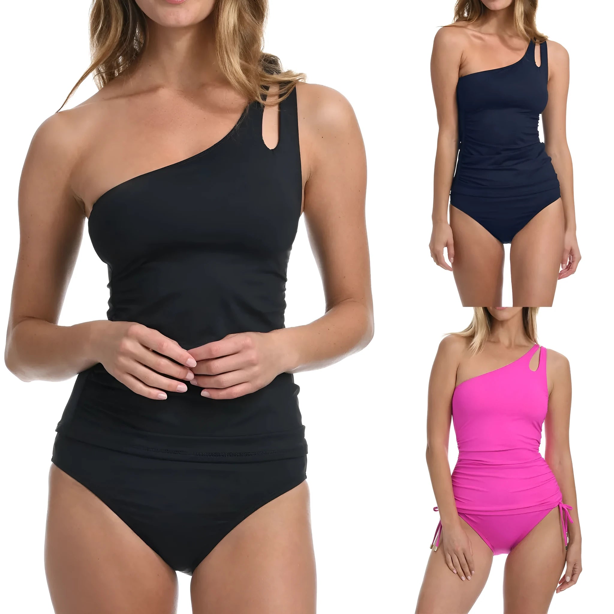 Women's solid colour bikini swimsuit on a mannequin, showing shoulder straps and available in multiple colours.