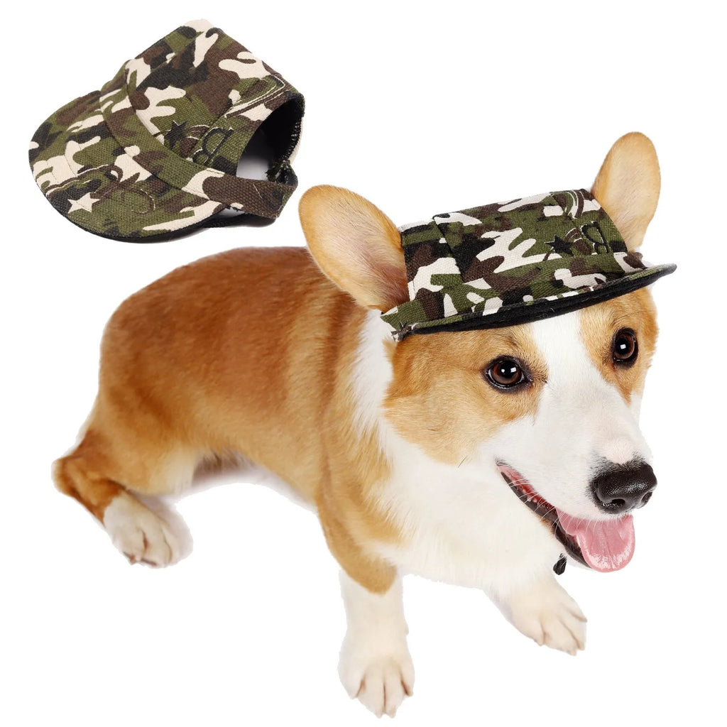 Pet supplies Oxford baseball-style dog sun hat in natural colour on a small dog