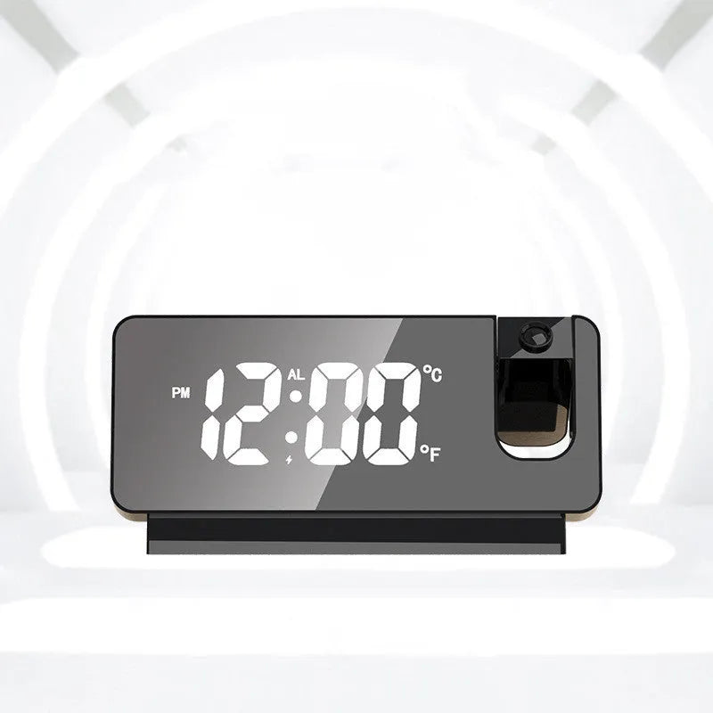 Rectangle 6-inch LED projection alarm clock with plastic mirror display on desk