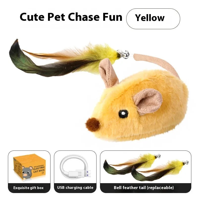 Electric charging simulation mouse cat toy with feather tail decoration