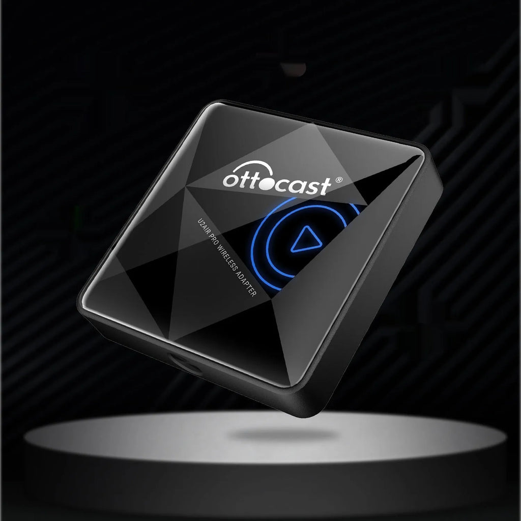 Black wireless car Bluetooth AIBOX with Type-C port on a compact rectangular body