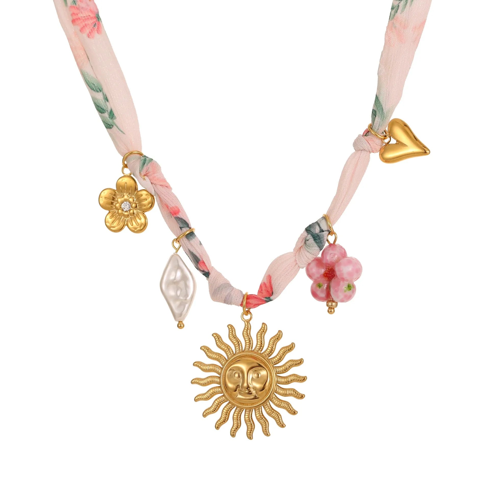 Stainless steel pendant necklace with 18K gold electroplating, showing heart and ribbon sun style options on an adjustable chain.