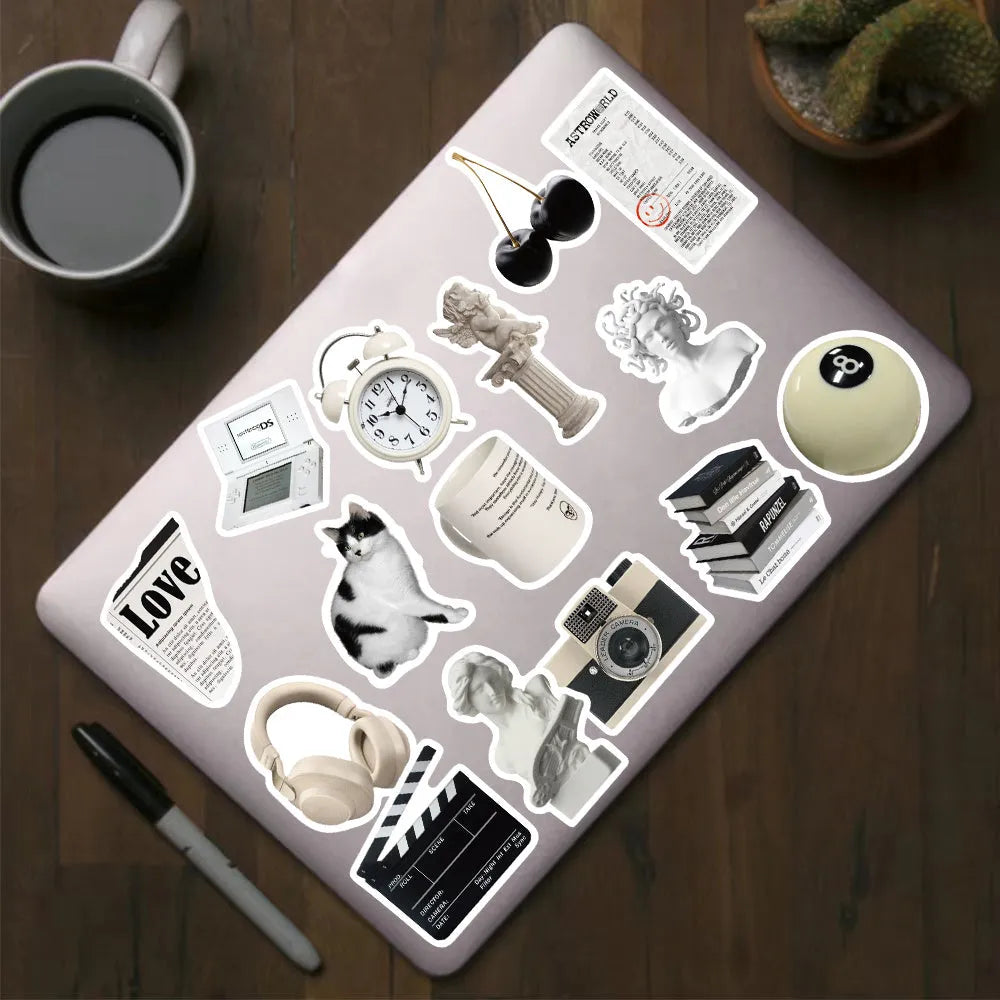 Set of 61 black and white simple style waterproof PVC vinyl stickers for laptops and phones.