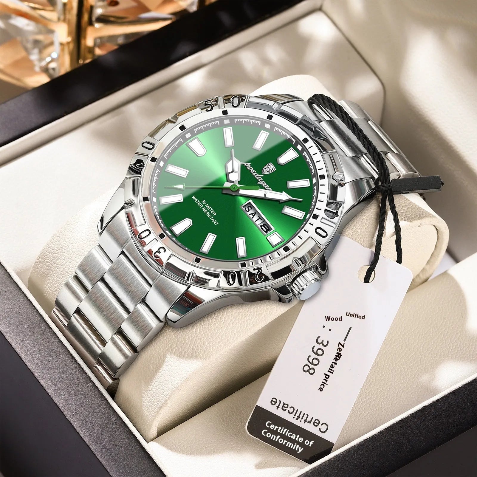 Swiss men's waterproof luminous watch with metal case and steel belt in multiple colour options