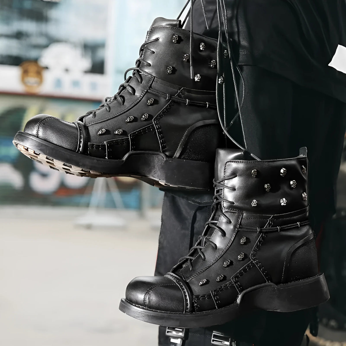 Men's punk Martin boots in first layer cowhide with cotton lining, black or brown, sizes 37-50