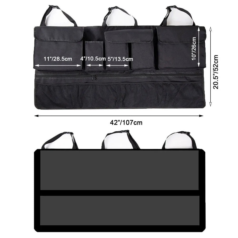 Car boot hanging storage bag made from black Oxford cloth with red piping and handle