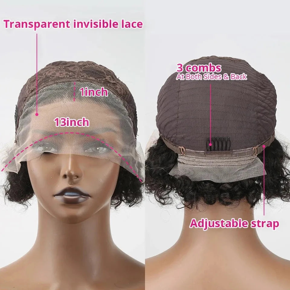 Black human hair lace front wig with pre-plucked 13x1 hairline on a stand, showing natural style.