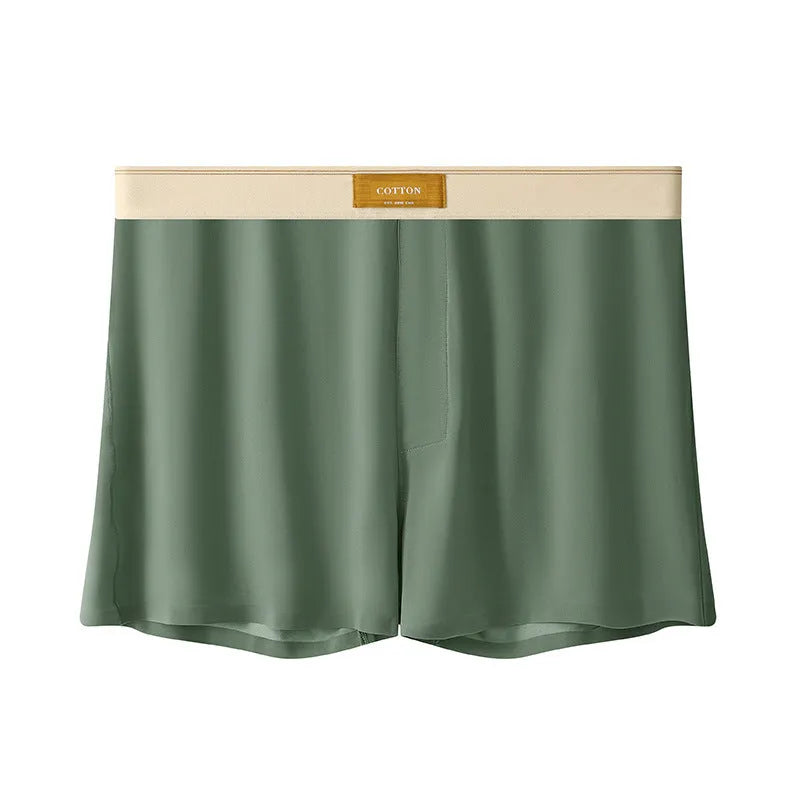 Men's solid colour loose ice silk underwear in beige, black, and grey shades laid flat