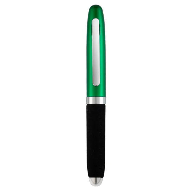 Compact silver metal ballpoint pen with black EVA-textured cap, shown with 1.0mm tip and assorted ink refills.