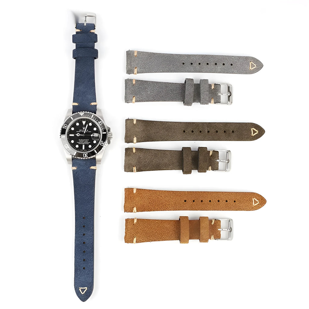Genuine suede leather watch strap in army green with ethnic styling