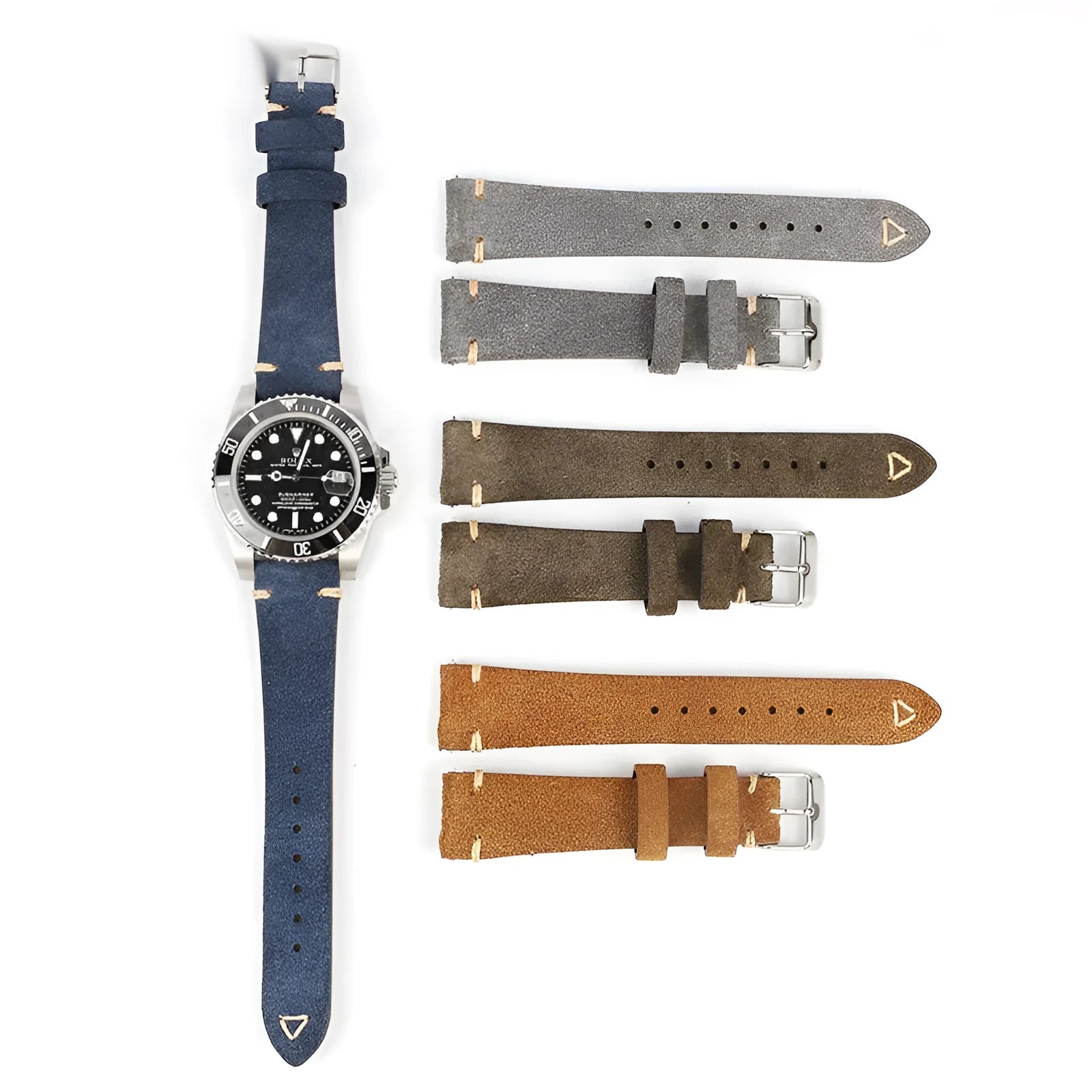 Genuine suede leather watch strap in army green with ethnic styling