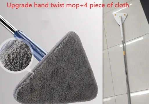 Extendable triangle mop with rotating blue head and adjustable stainless steel pole for corner cleaning