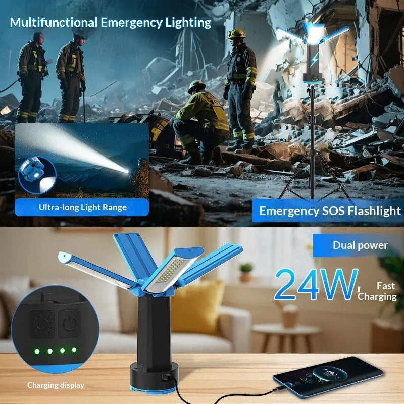 Blue outdoor multi-function LED work light with four-leaf fold design, folding bracket, and storage bag