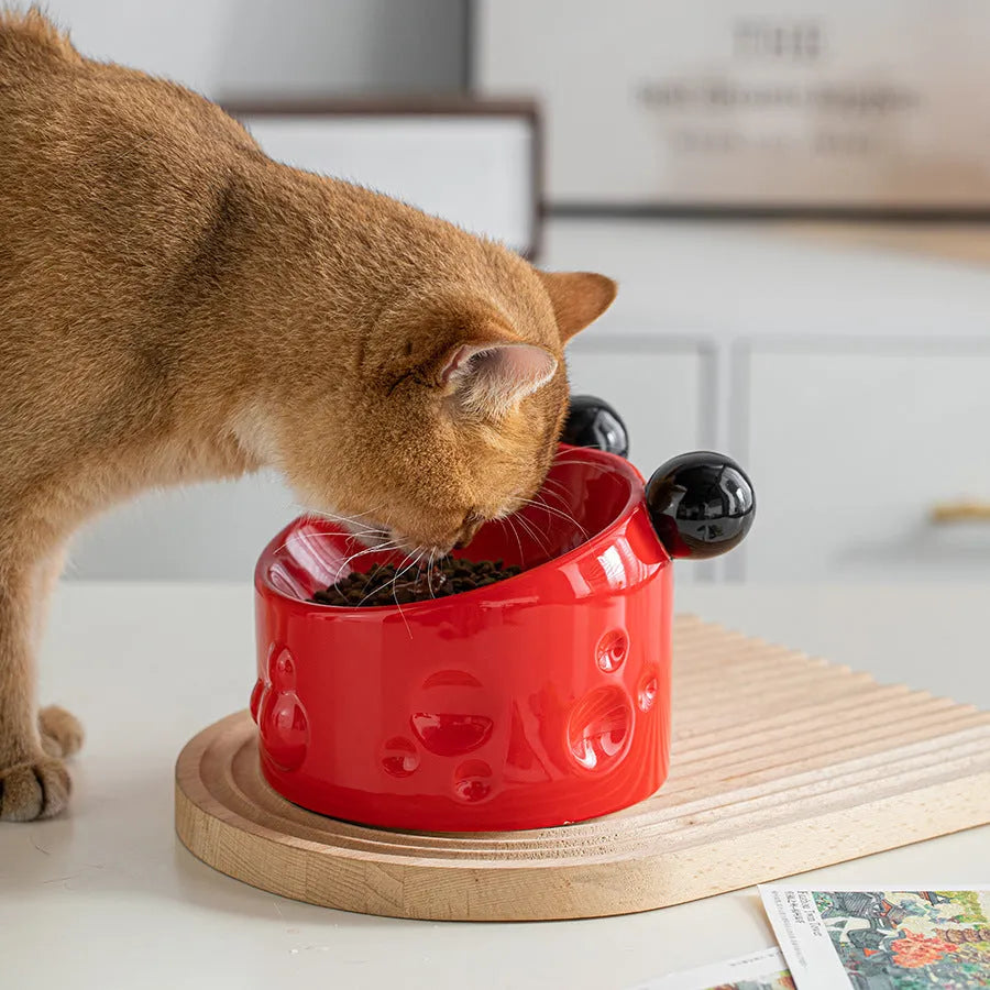 Ceramic high-footed double pet bowl with tilted stand for cats and dogs, in red or white