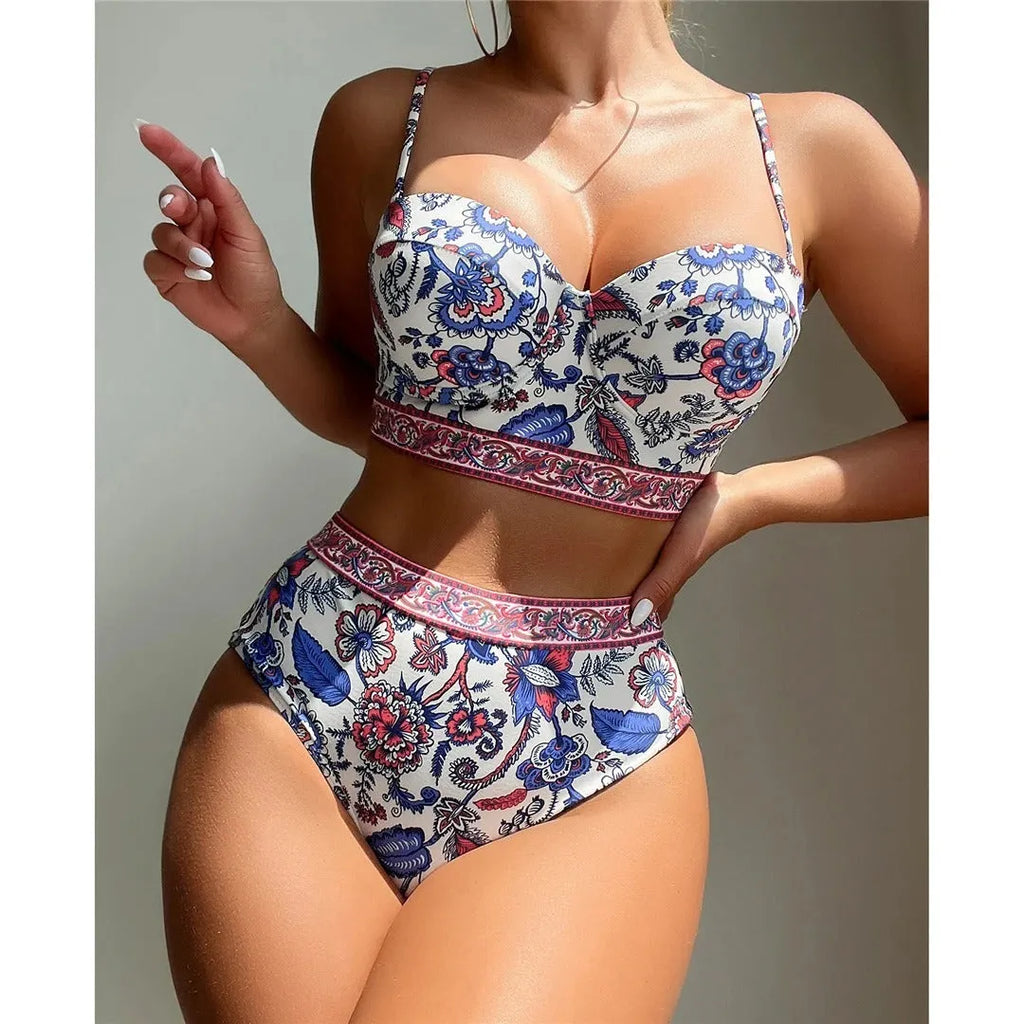 Blue women's high-waist push-up bikini swimsuit with sleeveless design