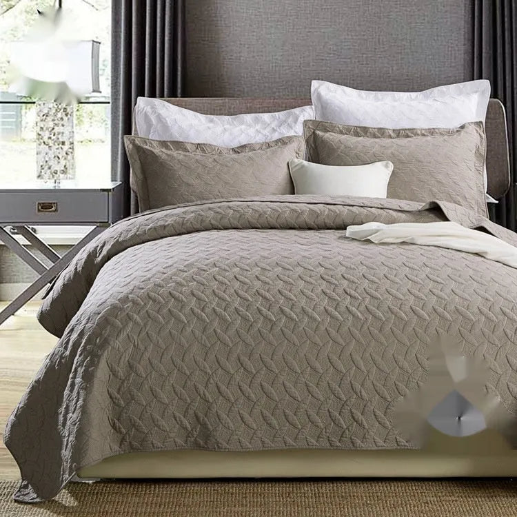 Pure cotton bed cover three-piece set showing bedspread-style design with solid colour pattern