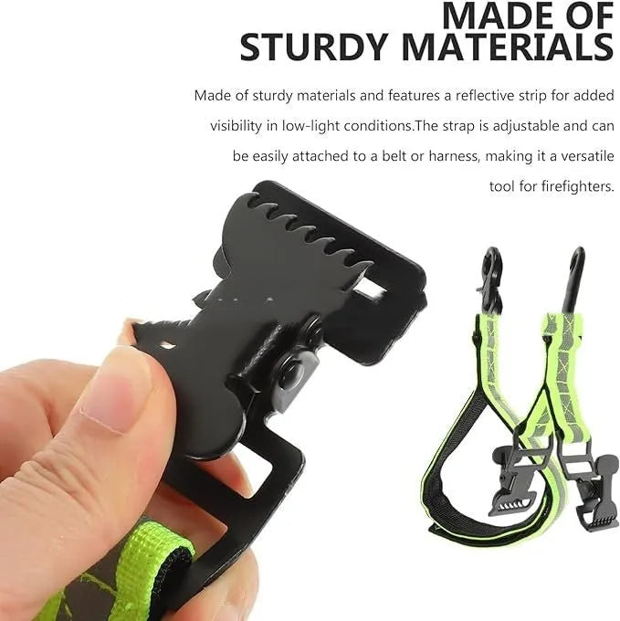 Fluorescent green metal safety clip for attaching gloves to workwear belts.