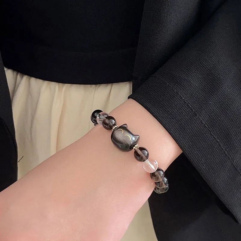 Women's silver bracelet with cat head charm and ice stone opal beads