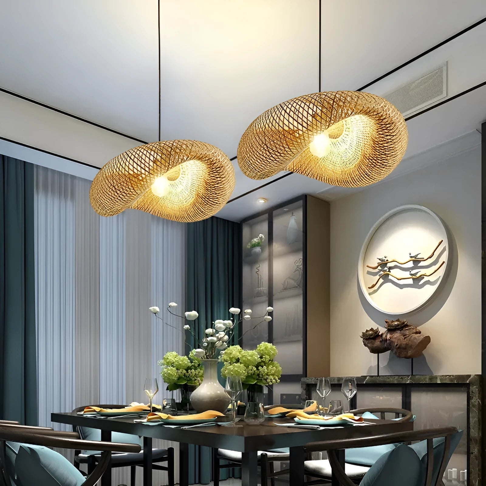 Natural woven bamboo straw hat-shaped pendant ceiling lamp with open weave, shown suspended.