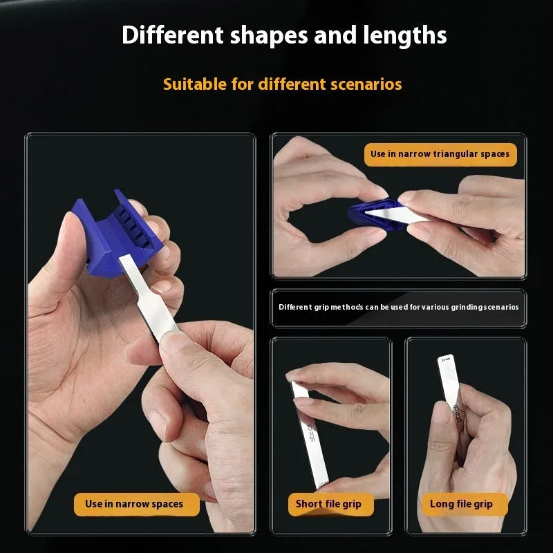 Mirror glass file polishing tool suit with interchangeable files and handle in silver and black