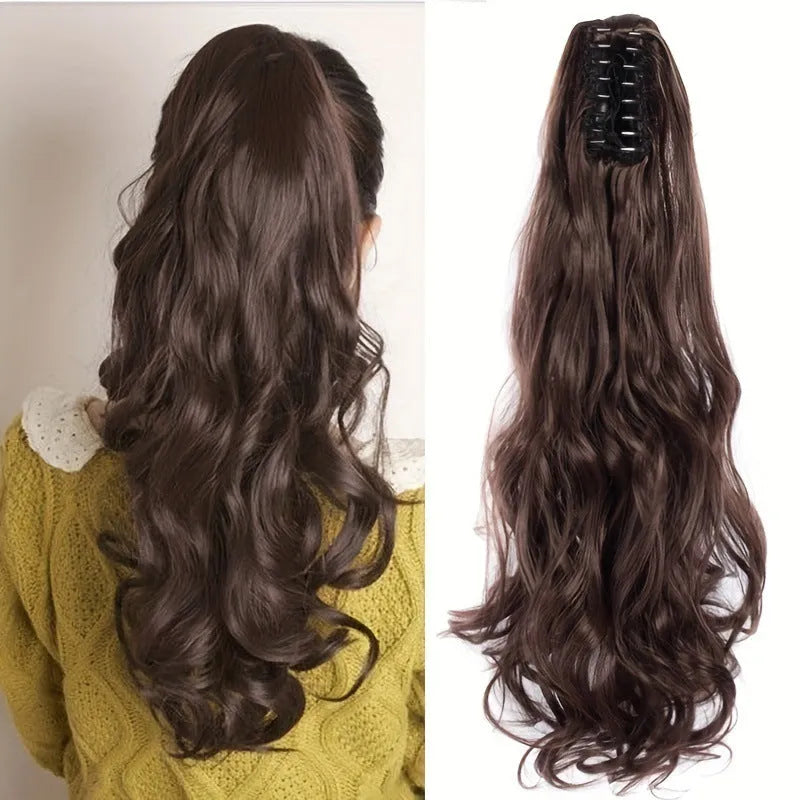 Curly high ponytail wig with big hair claw in black, 50 cm long synthetic fibre