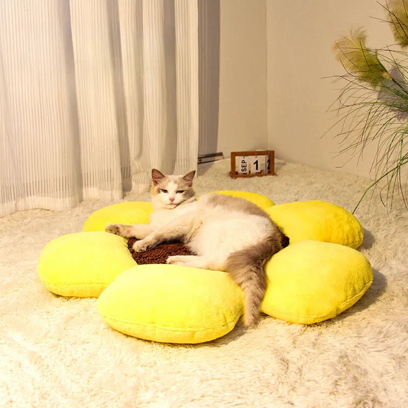 Blue round flower cat nest bed measuring 85cm diameter with plush surface and sponge filling