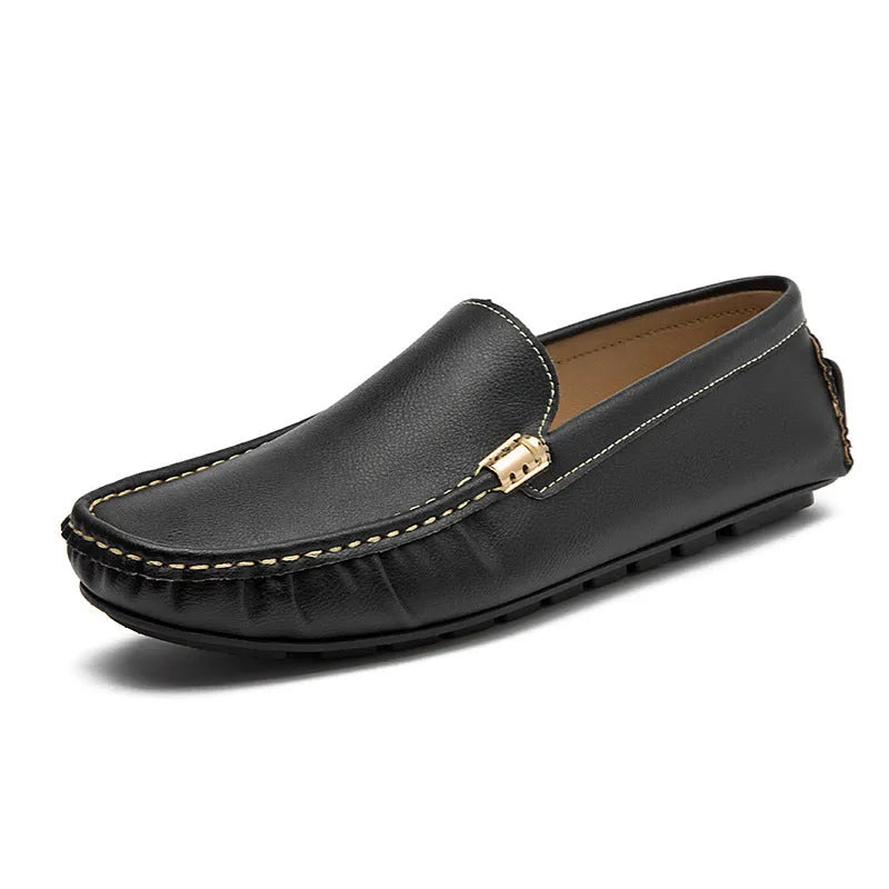 Men's leather driving shoes in black, white, or orange with flat wedge heel, round toe, and sewn rubber sole, sizes 38 to 47