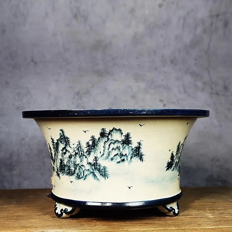 Lingnan Shiwan ceramic flower pot with hand-painted High Mountains landscape, glazed stoneware, wide mouth.