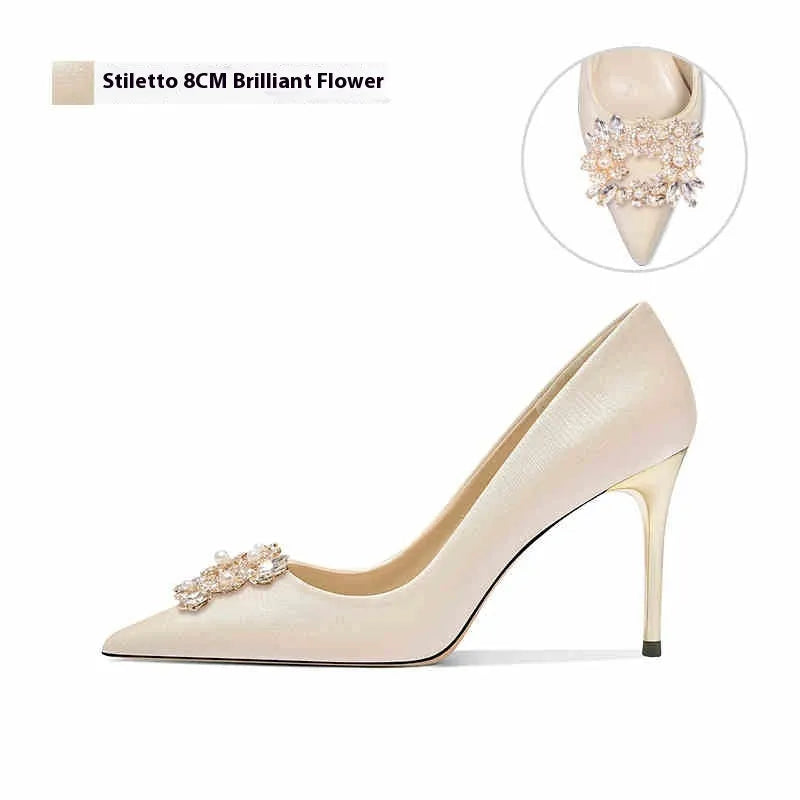 French wedding crystal bridal high heels with rhinestones, pointed toes, and choice of stiletto or cat heel styles