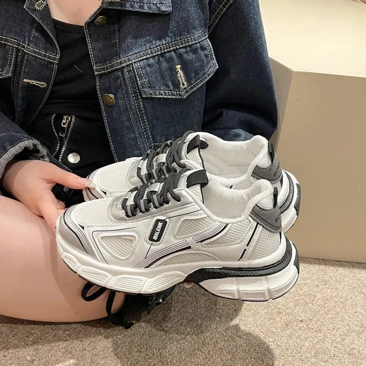 Women's casual sneakers mesh surface canvas upper platform sole black