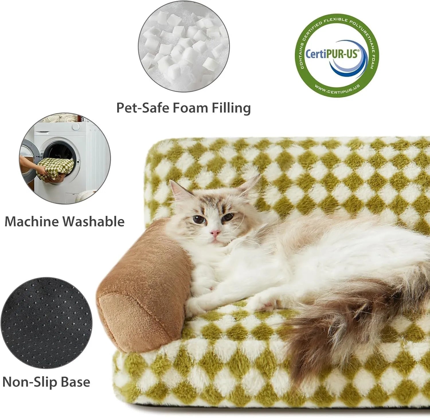 Grey checkered pet sofa bed for cats and small dogs with a washable cover on a wooden floor.
