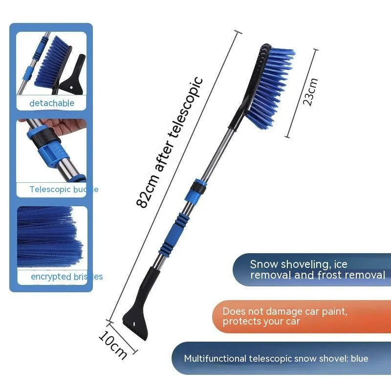 Yellow and blue telescopic car snow brushes with a separate black snow ploughing blade on a white background.
