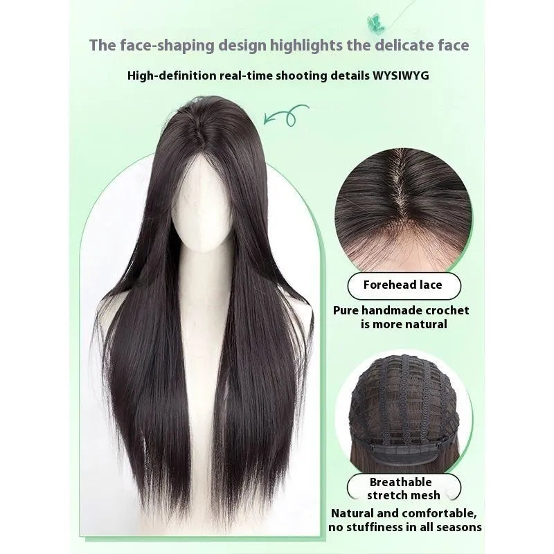 Full-head wig for women with forehead lace construction in heat-resistant fibre material