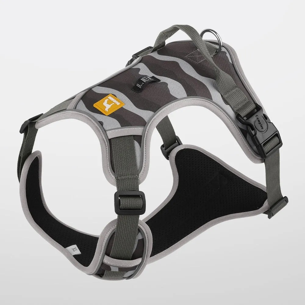 Orange dog harness with reflective strips and an integrated hand-holding rope on a dog's chest and back.