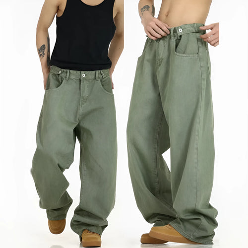 American Vintage washed jeans men's high street trousers K640 Black green chemical fibre blend