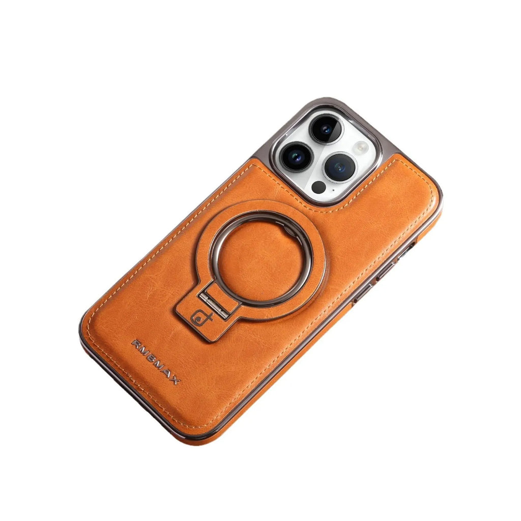 Magnetic bracket phone case imitation leather drop resistant for iPhone 11 to 15 Pro Max black