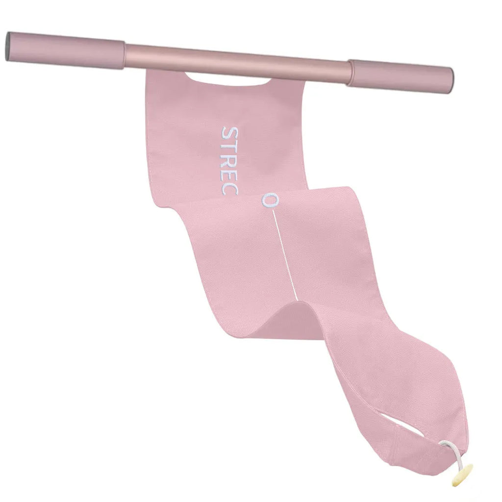 Grey and pink yoga multi-function stretching tool for shoulder, back, and hip flexibility on a plain background.