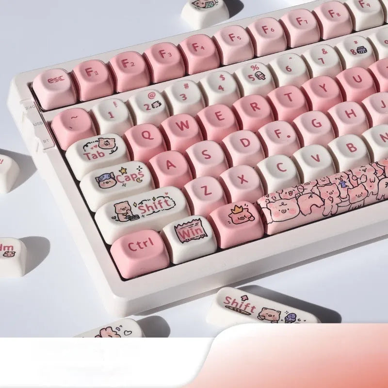 Pink fragrant pig character PBT keycap set for mechanical keyboards with five-sided printing.