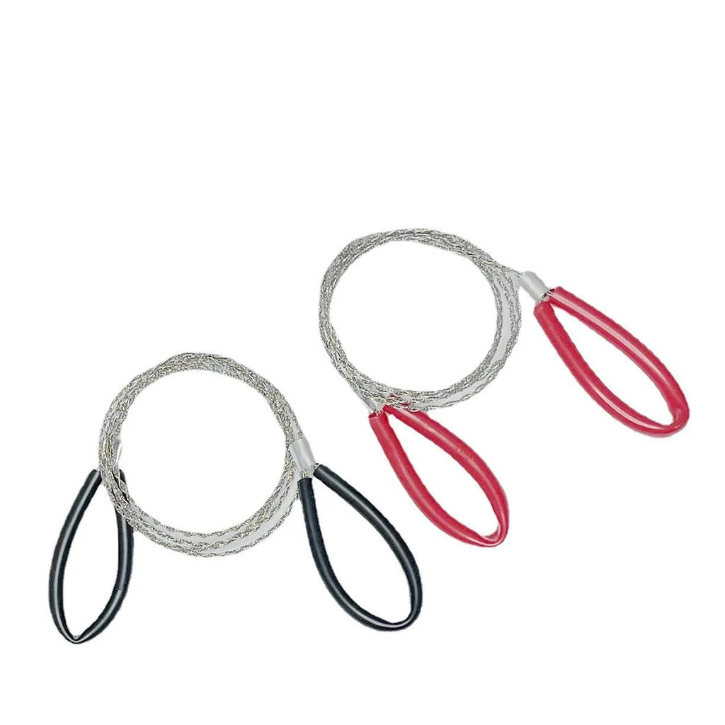 Outdoor survival wire saw with black leather hand case and coiled stainless steel cutting wire.