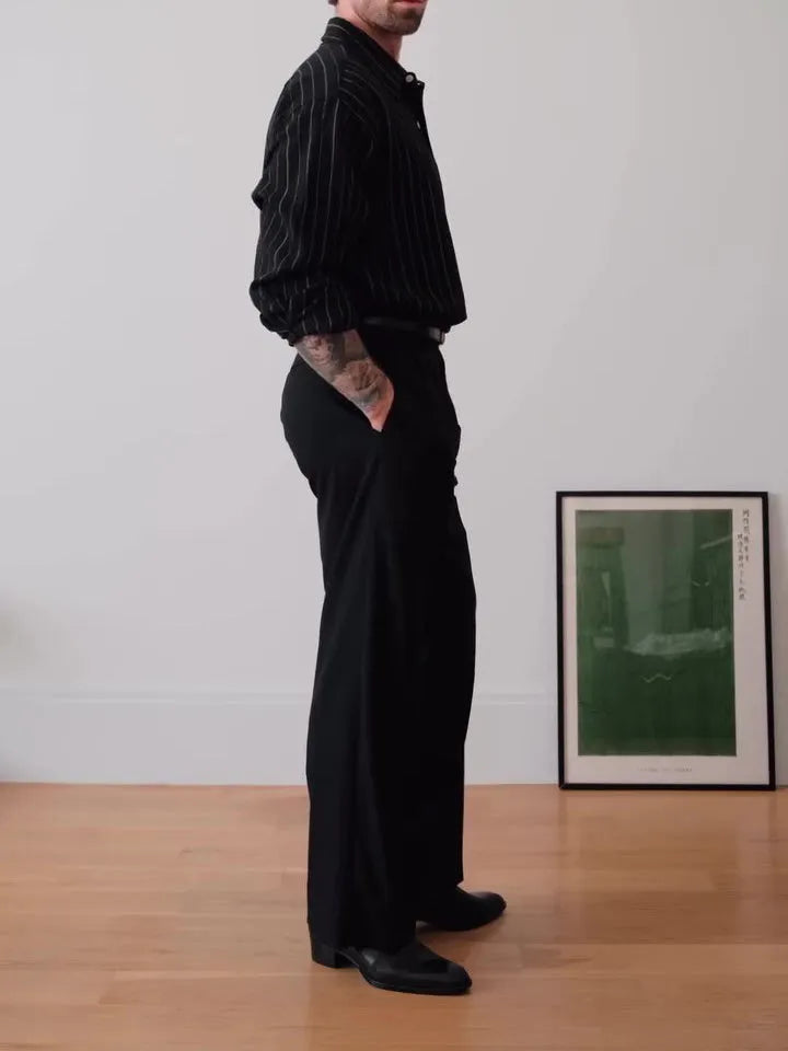 Black pinstriped men's button-down shirt with long sleeves and a regular fit.