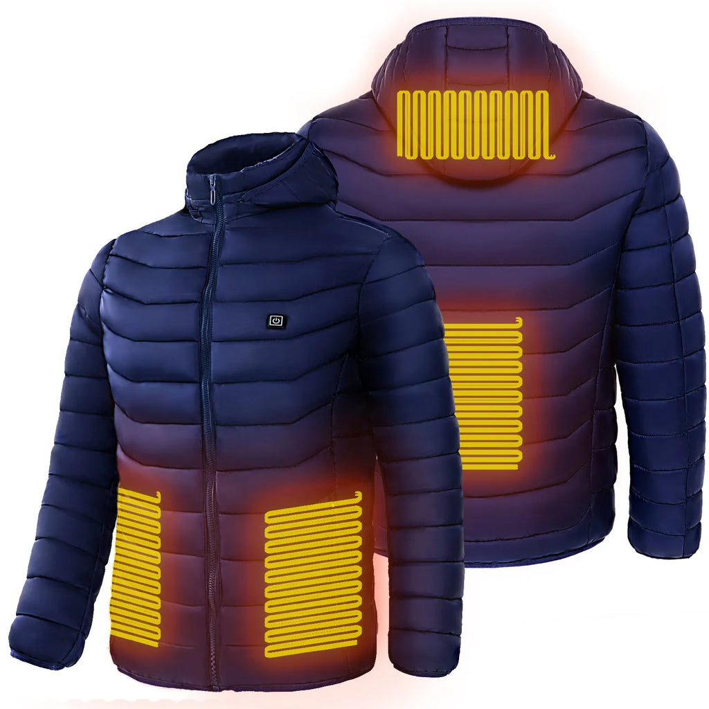Men heated puffer jacket with 9 heat zones, hood, and long sleeves on a winter ski slope