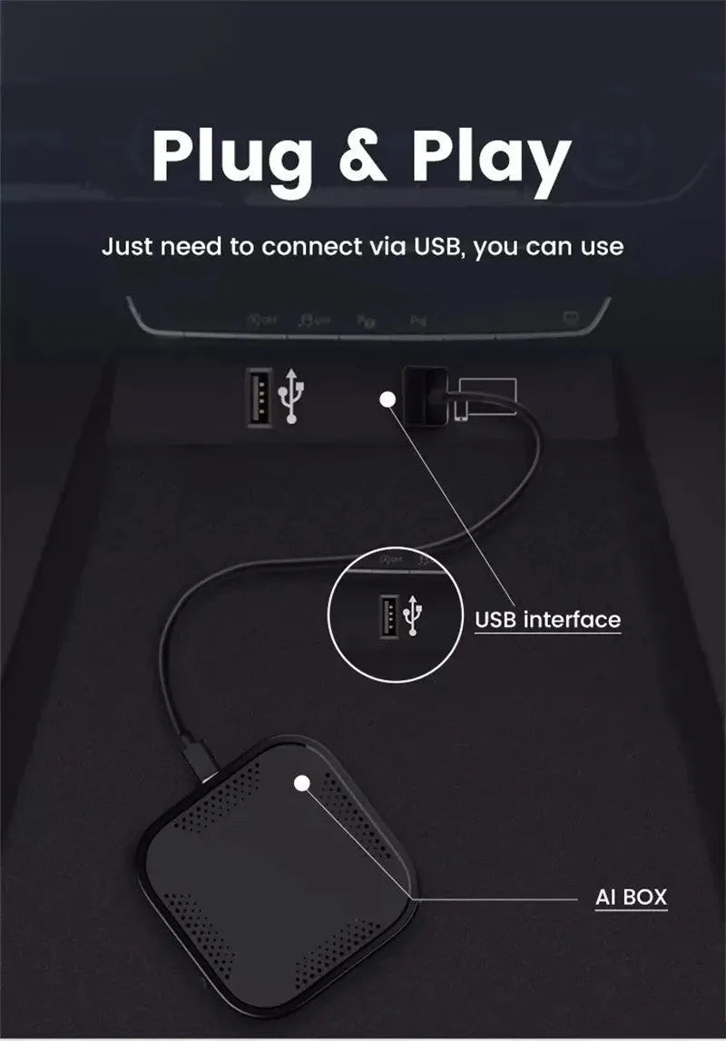 Black plastic CarPlay box TBOX measuring 79x79x18mm with USB cable and accessories