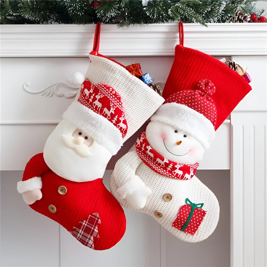Large red and white knitted Christmas stocking with Santa Claus design hanging on a fireplace