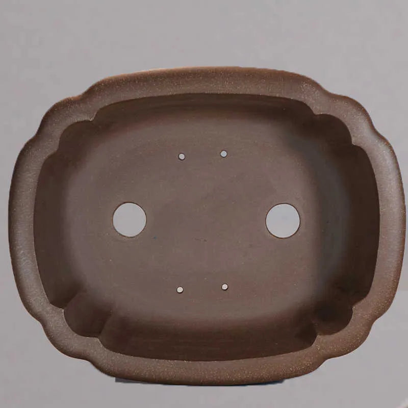Handmade antique purple sand rectangular begonia flower pot on a desktop.