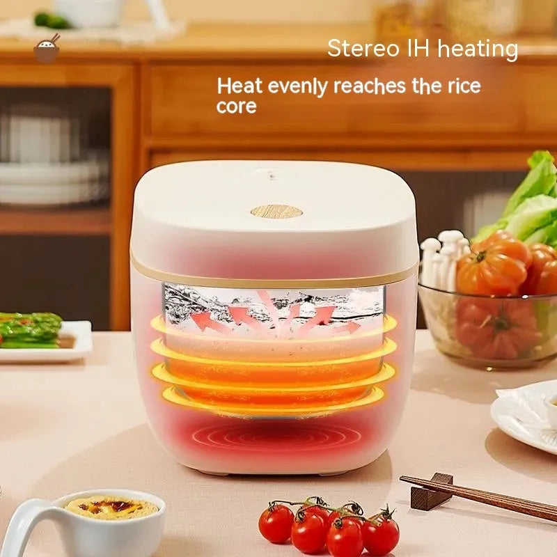 White 3L rice cooker with black inner pot and included accessories