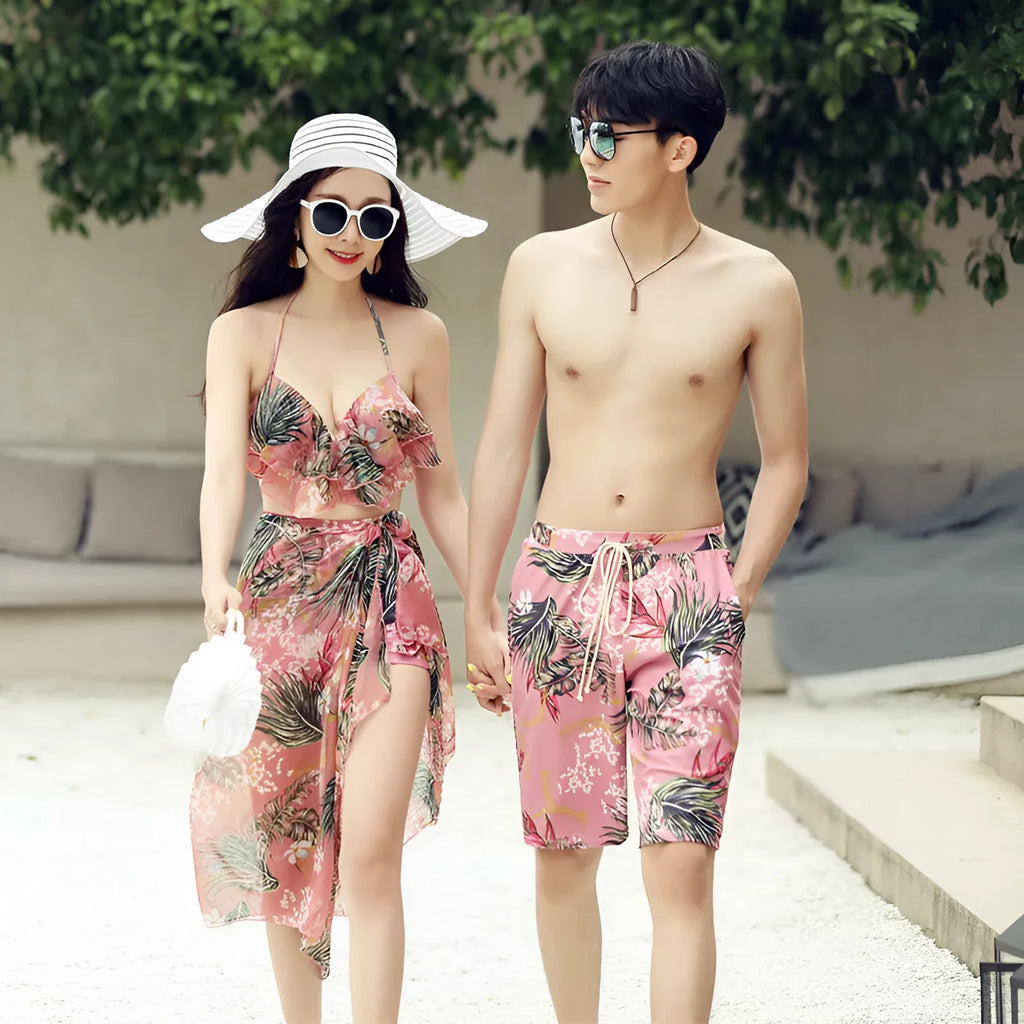 Nylon swimsuit set in pink and yellow for women and men with bikini, briefs, and boxers styles, sizes M to XXXL