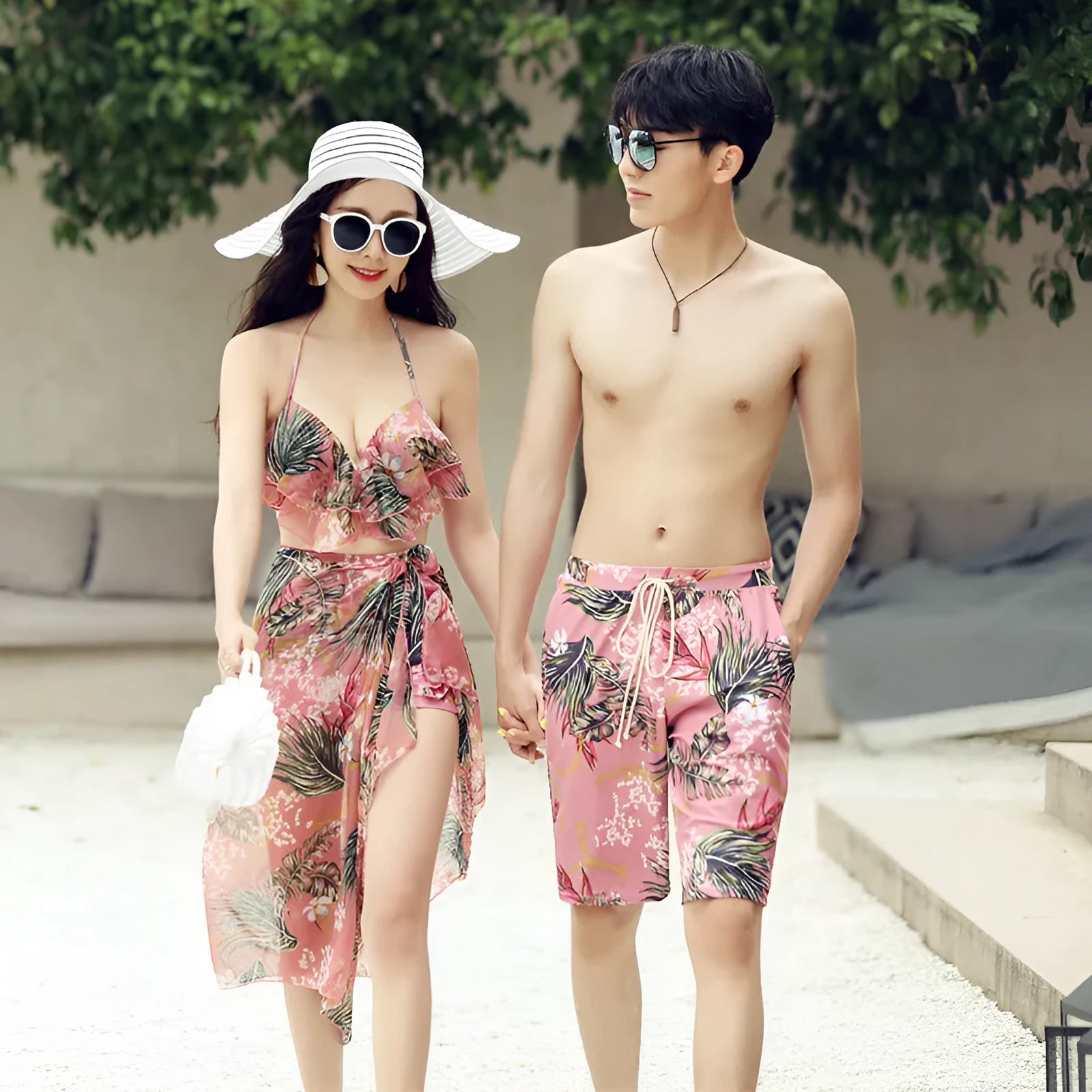 Nylon swimsuit set in pink and yellow for women and men with bikini, briefs, and boxers styles, sizes M to XXXL