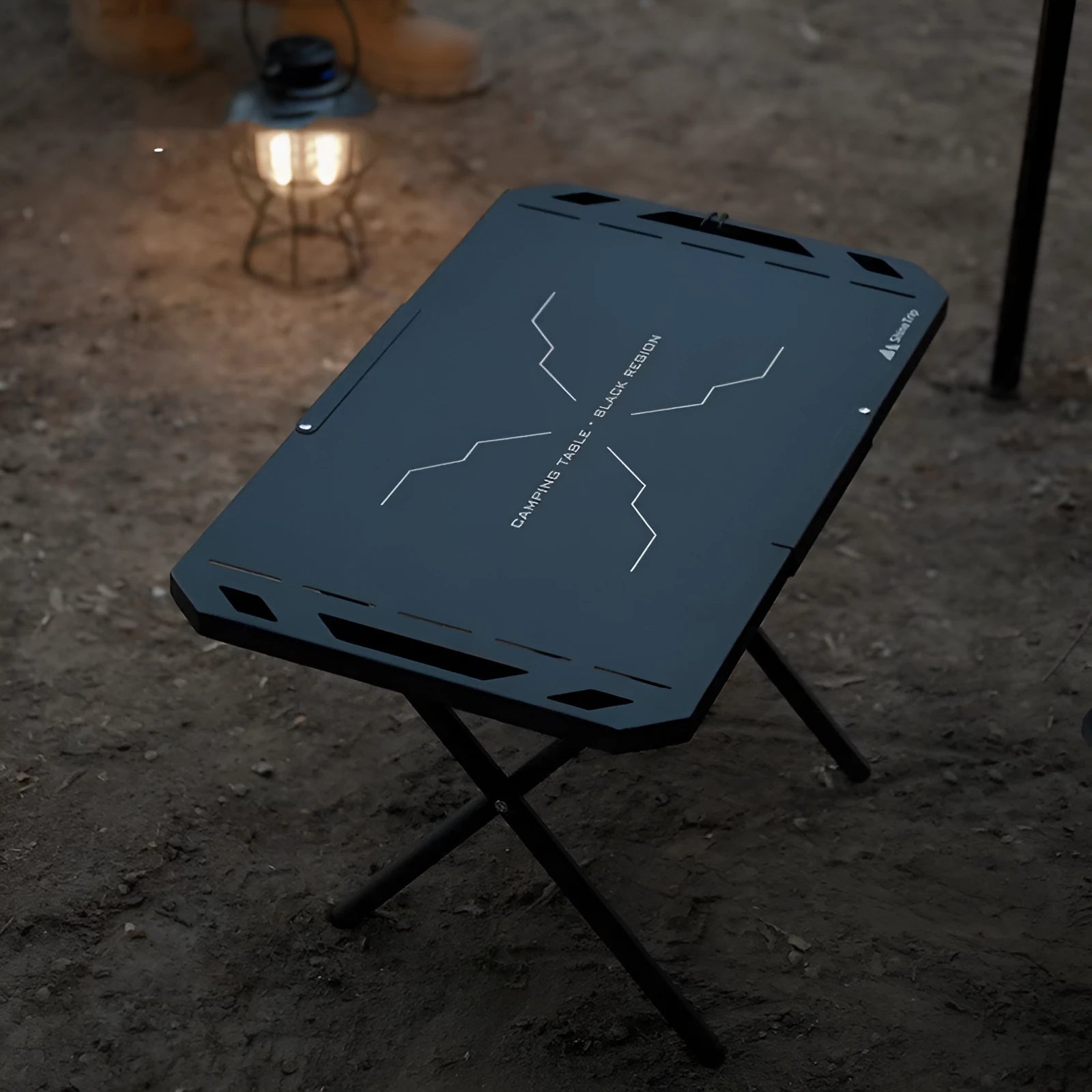 Black folding outdoor camping table made of stainless steel and aluminium, 600 x 350 x 375mm size