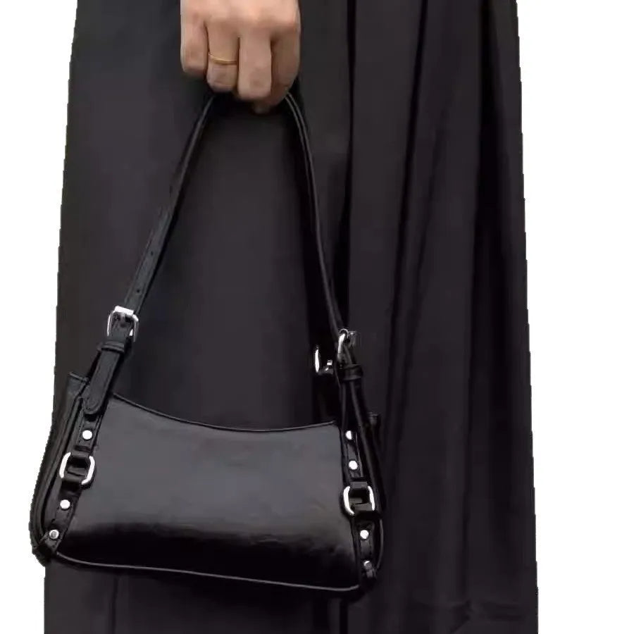 Hot Girl locomotive style all-matching shoulder bag in black PU with outer three-dimensional pocket