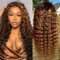 Lace wig with long curly gradient highlight hair in medium small volume, light gold colour